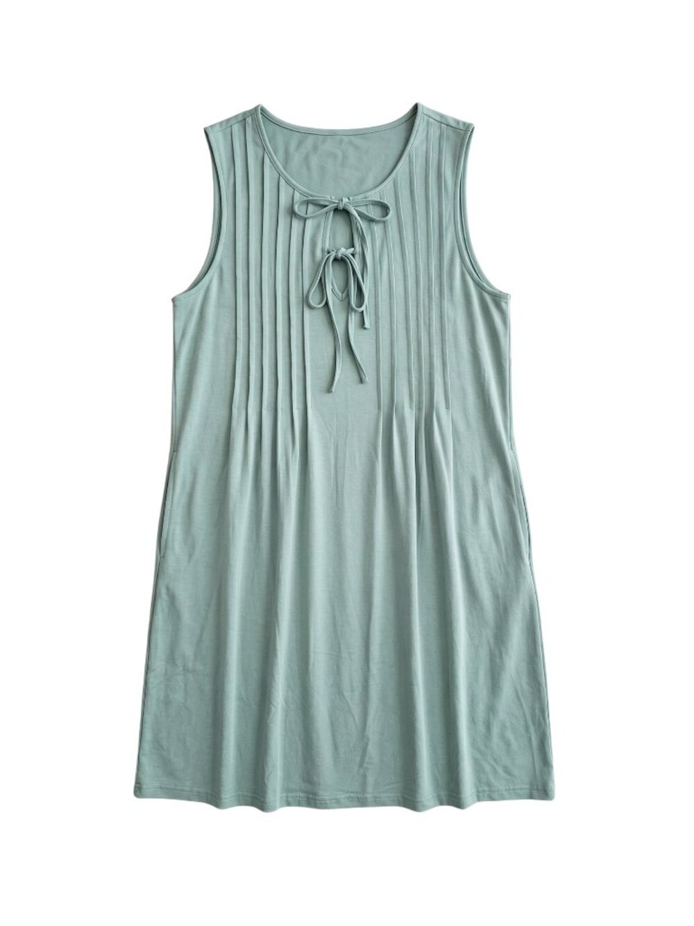 NWOT | Sage Green Pleated Shift Dress | Side Pockets | Tie Neck | Large